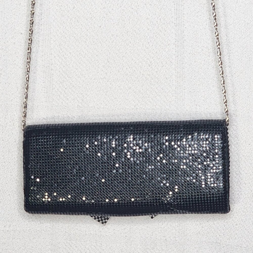 Sparkling Black Sequin Bow and Chain Mail Dress Clutch Bag Silver Shoulder Strap - Picture 9 of 16